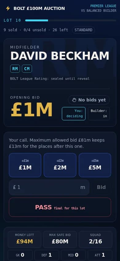 The same auction lot on a phone-width screen, with the player, opening bid and bid controls stacked.