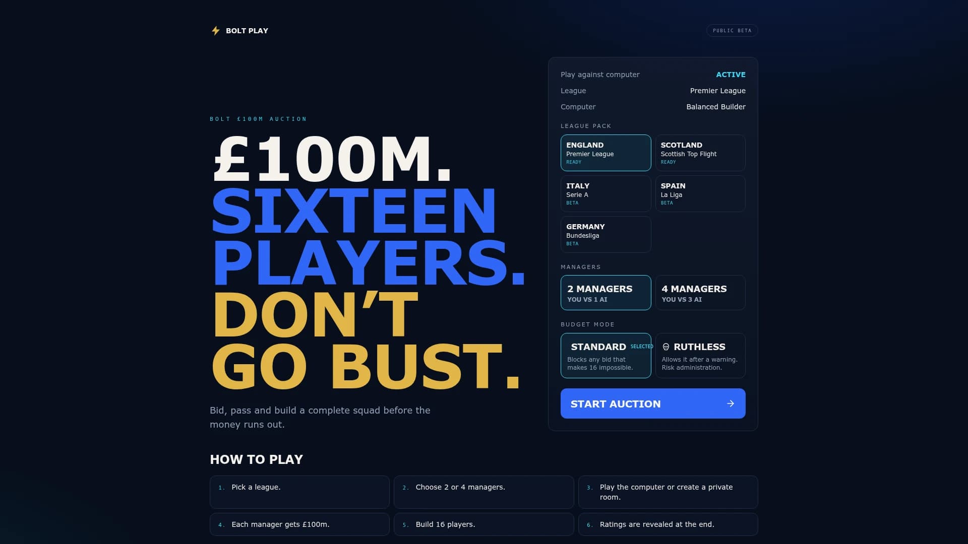 BOLT £100M Auction lobby on BOLT Play, marked Public Beta: play-against-computer setup with league, manager and budget options beside a Start Auction button, and a six-step How to Play list.