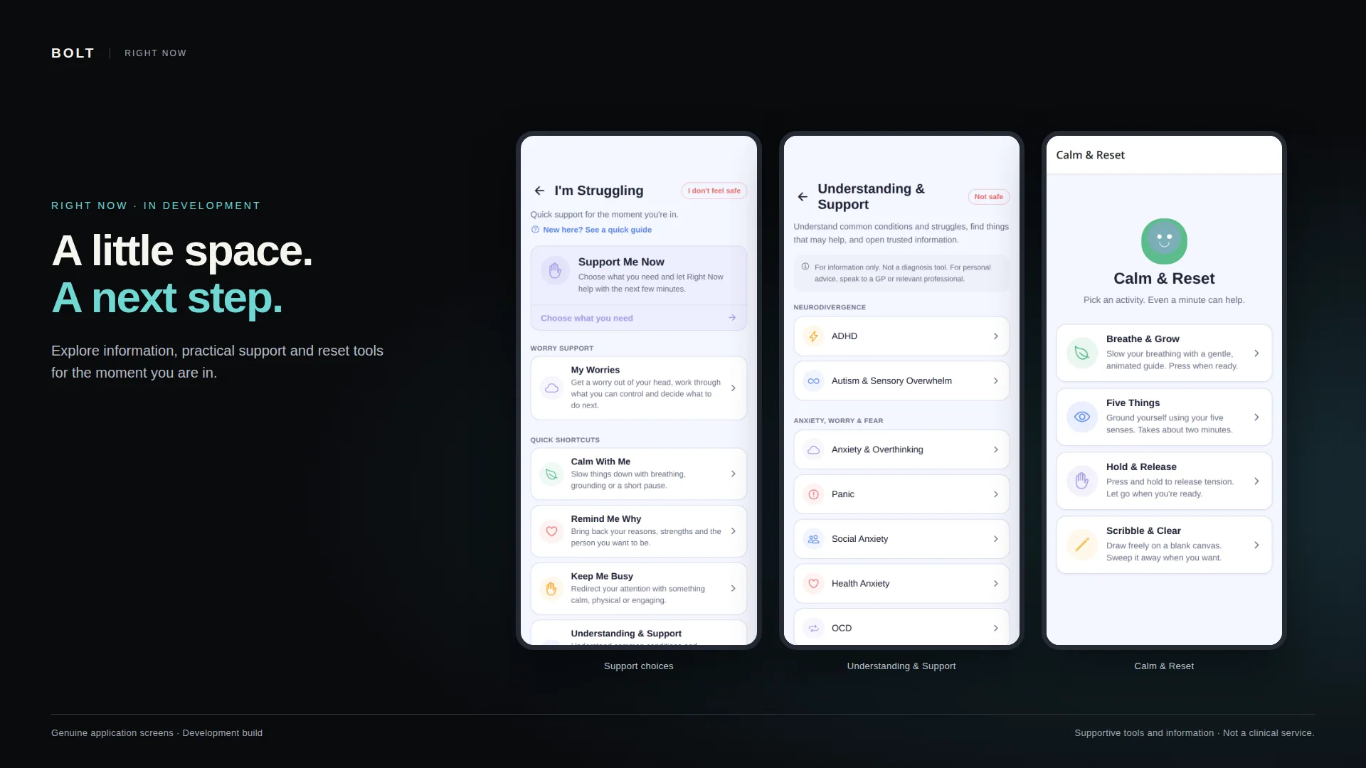 Three Right Now screens: I'm Struggling with Support Me Now and quick shortcuts, Understanding & Support topics such as ADHD and anxiety, and Calm & Reset activities including Breathe & Grow and Five Things.