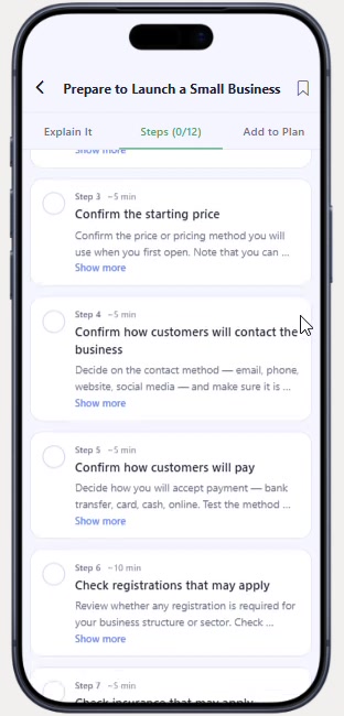 Right Now development build guide Prepare to Launch a Small Business on its Steps tab, listing steps such as confirm the starting price and confirm how customers will pay.